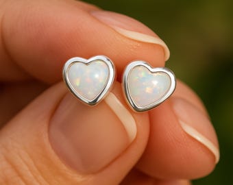 Sterling Silver White Opal Heart Stud Earrings