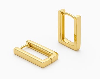 Gold Plated Sterling Silver Rectangle Huggie Hoop Earrings – 15mm x 9mm