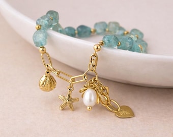 Personalised Waterproof Gold Plated Sea Charm, Pearl And Aqua Bead Bracelet
