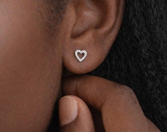 Sterling Silver Open Heart Stud Earrings: Dainty CZ Jewelry