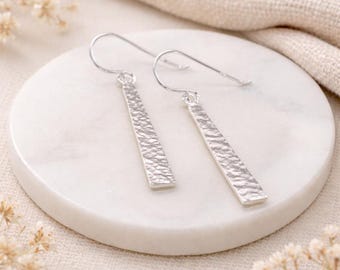 Sterling Silver Hammered Bar Drop Earrings – 35mm x 5mm