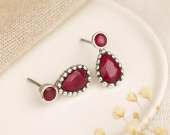 Ruby Drop Stud Earrings • Sterling Silver Natural Ruby Earrings • July Birthstone Gift • Teardrop Gemstone Earrings • Gift for Her •