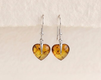 Baltic Amber Gradient Heart Drop Earrings in Sterling Silver