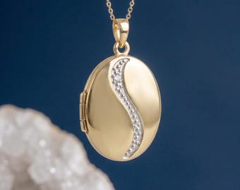 Personalised Diamond Wave Photo Locket Necklace In Solid 9ct Gold