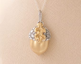 Personalised Sterling Silver and Gold Acorn Pendant Necklace with Leaf
