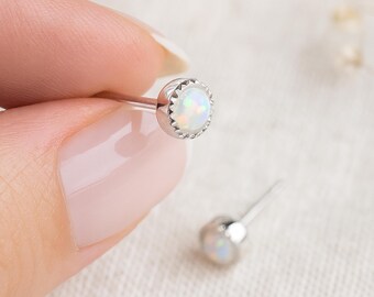 Hammered Sterling Silver Opal Micro Stud Earrings – 4mm