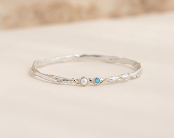 Blue Opal and Freshwater Pearl Bangle Bracelet in Molten Sterling Silver and Gold