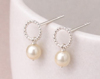 Sterling Silver White Freshwater Pearl Stud Drop Earrings – 8mm