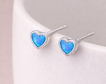 Sterling Silver Blue Opal Heart Stud Earrings – 5mm