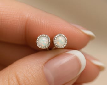 Sterling Silver White Opal Textured Stud Earrings