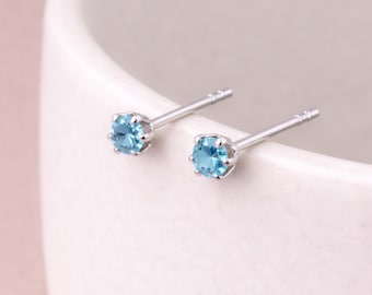 Sterling Silver Aquamarine Micro Stud Earrings – 3mm