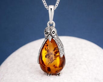 Personalised Sterling Silver Amber Penguin Necklace, Genuine Baltic Amber Pendant, 24x12mm