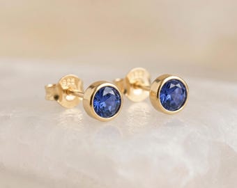 September Sapphire Birthstone Stud Earrings in Gold Plated Sterling Silver
