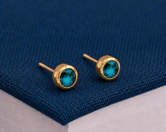 7mm Gold Plated Sterling Silver Blue Topaz Cz Stud Earrings