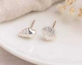 Mismatched Shell Stud Earrings • Sterling Silver Beach Earrings • Coastal Gift for Her • Seashell Jewellery • Summer Stud Set •