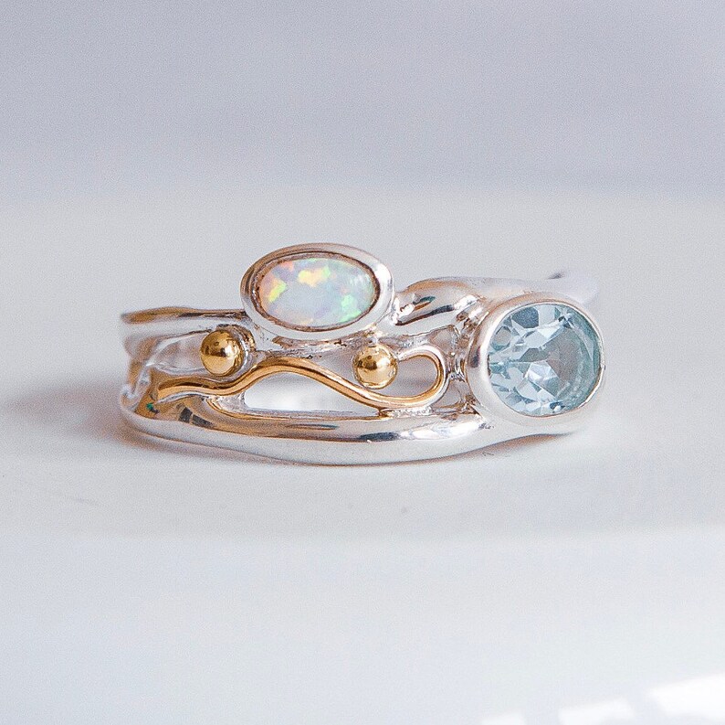 UK L Sterling Silver Sky Blue Topaz and White Opal Ring for Women Organic Gemstone Ring * Personalized With Up To 40 Characters