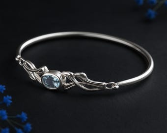 Sterling Silver Blue Topaz Leaf Bangle