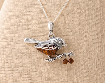 Personalised Sterling Silver Baltic Amber Robin Pendant Necklace