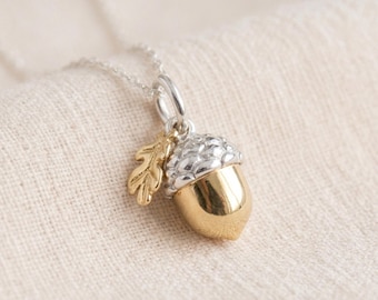 Personalised Acorn and Leaf Pendant Necklace in Sterling Silver and Gold