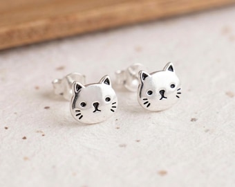 Cat Face Stud Earrings in Sterling Silver