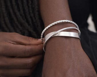 Silver Plated Twisted Mixed Finish Crossover Cuff Bangle Bracelet