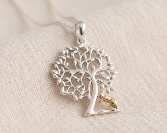Personalised Tree Of Life Pendant Necklace In Sterling Silver With Gold Hare