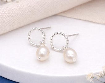 Sterling Silver White Freshwater Pearl Stud Drop Earrings – 8mm
