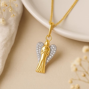 Gold Angel Pendant • 9ct Yellow Gold & CZ Guardian Charm • Personalised Memorial Necklace • Spiritual Christmas Gift Jewellery