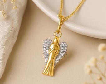 Gold Angel Pendant • 9ct Yellow Gold & CZ Guardian Charm • Personalised Memorial Necklace • Spiritual Christmas Gift Jewellery