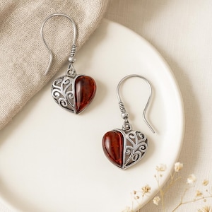 Sterling Silver Baltic Amber Filigree Heart Drop Earrings