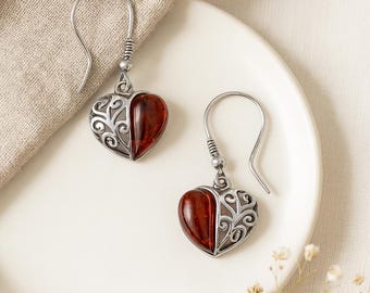 Sterling Silver Baltic Amber Filigree Heart Drop Earrings