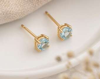 Aquamarine Stud Earrings • 9ct Gold • March Birthstone Jewellery • Natural Gemstone Studs • Gift for Her • Classic Gold Stud Earrings •