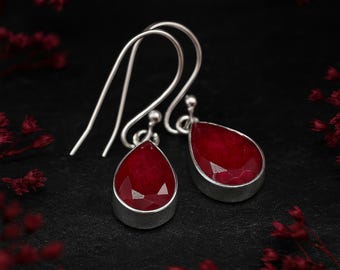 Sterling Silver Teardrop Ruby Drop Earrings