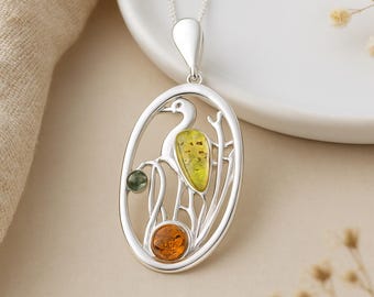Heron Amber Pendant • Baltic Amber & Sterling Silver Bird Necklace • Personalised Nature Charm Gift • Elegant Wildlife Jewellery