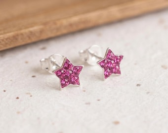 Personalised Sparkling Pink Star Stud Earrings in Sterling Silver