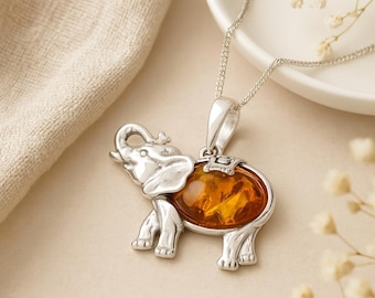 Amber Elephant Pendant • Sterling Silver & Baltic Amber • Good Luck Animal Jewellery • Nature-Inspired Gift