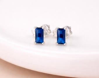 Sterling Silver Sapphire Baguette Stud Earrings – 6mm x 4mm