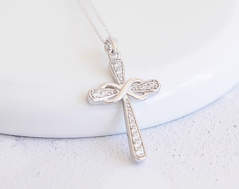 Genuine CZ Infinity Cross Necklace in Sterling Silver, Eternity, Eternal Faith Jewellery, Sparkle Cross, First Communion or Christening Gift