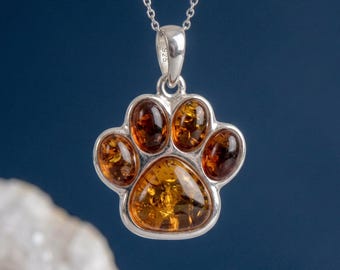 Personalised Baltic Amber Paw Print Pendant Necklace In Sterling Silver