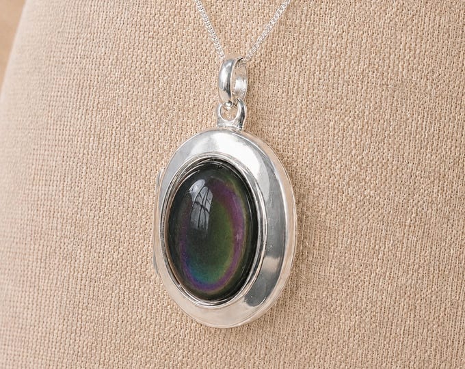 Featured listing image: Personalised Sterling Silver Rainbow Obsidian Gemstone Photo Locket Necklace