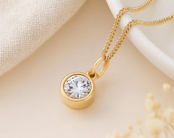 Diamond Birthstone Pendant • April Charm Necklace in Gold • Dainty Cubic Zirconia Gift • Personalised Birth Month Jewellery