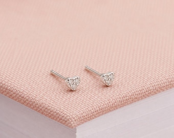 3mm Sterling Silver Cubic Zirconia Heart Stud Earrings