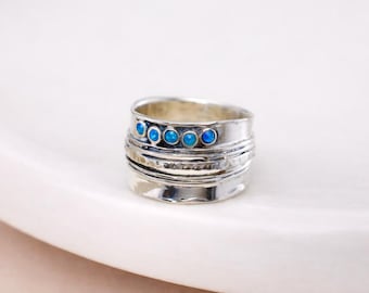 Molten Sterling Silver Five Opal Wide Ring