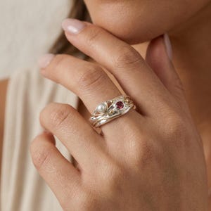 Ruby and Pearl Engagement Ring in Molten Sterling Silver and Gold