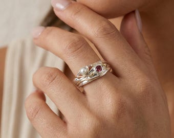 Ruby and Pearl Engagement Ring in Molten Sterling Silver and Gold