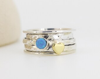 Personalised Sterling Silver Blue Opal Heart Spinner Ring