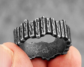 Personalised Stainless Steel Gunmetal Black Viking Bark Fence Ring