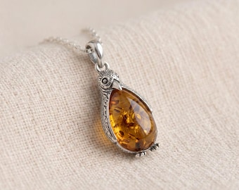 Personalised Baltic Amber Penguin Pendant Necklace in Sterling Silver