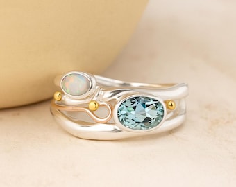 Molten Sterling Silver Blue Topaz And White Opal Ring