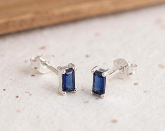 Personalised Rectangle Sapphire Stud Earrings In Sterling Silver
